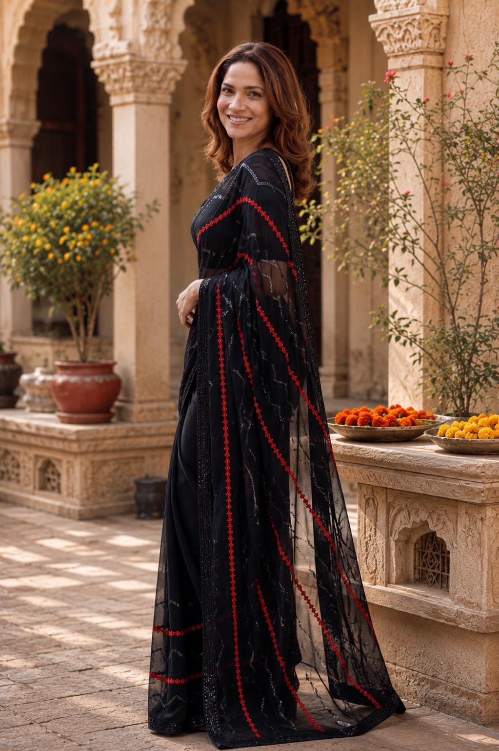 Fancy Georgette Saree With Unstitched Blouse(black) image 3