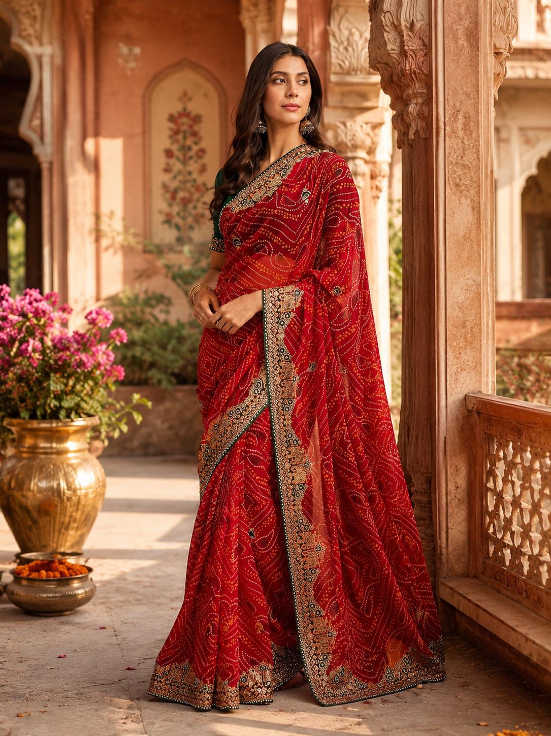 Georgette Embroidery Work Saree With Unstitched Blouse(red) image 3