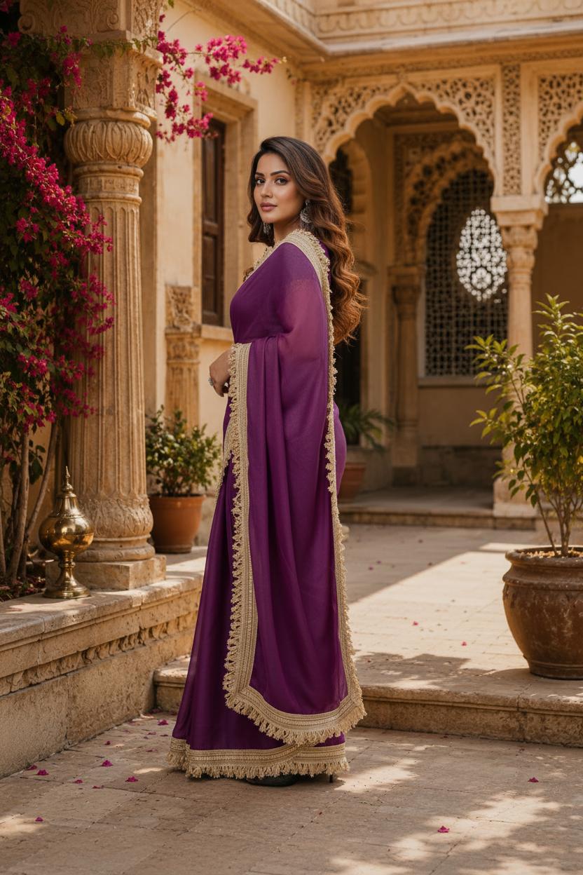 Georgette Lace Border Saree With Unstitched Blouse(puple) image 3