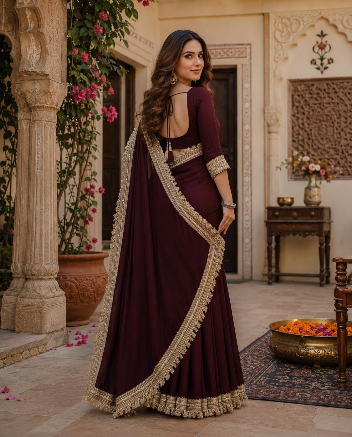 Georgette Lace Border Saree With Unstitched Blouse(maroon) image 3