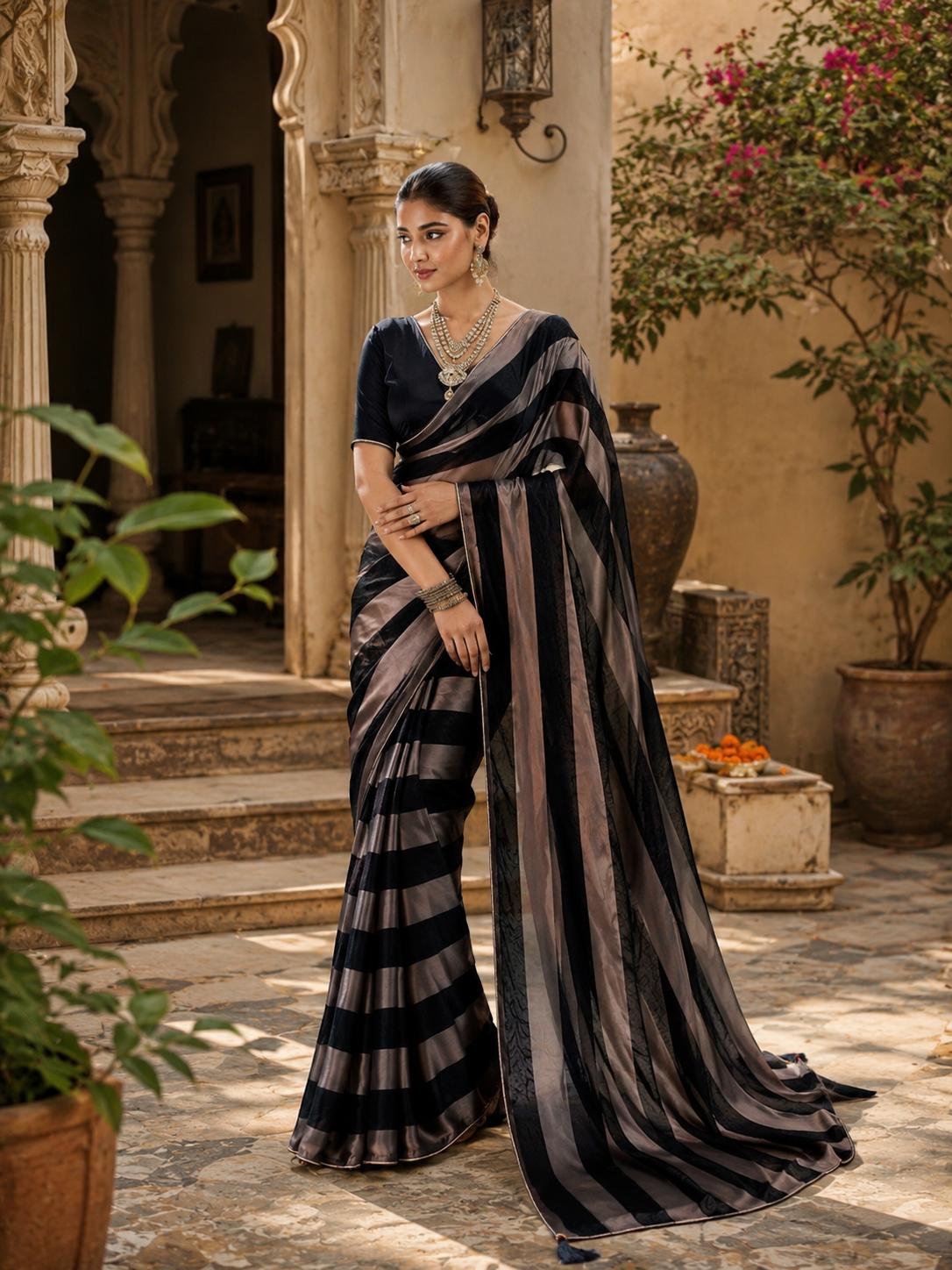 Satin Silk Saree With Unstitched Blouse(black) image 3