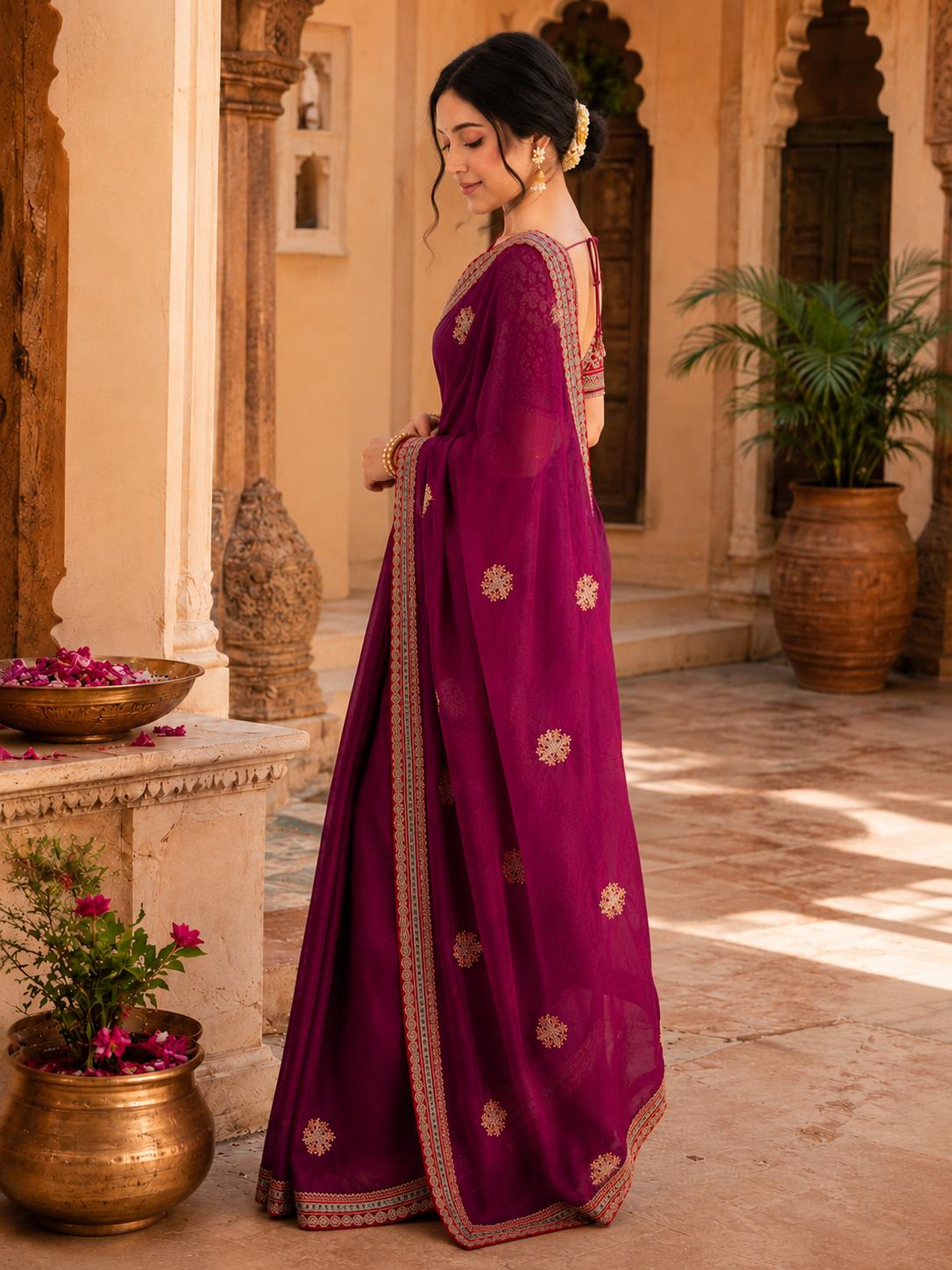 Satin Embroidery Work Saree With Unstitched Blouse(wine) image 3
