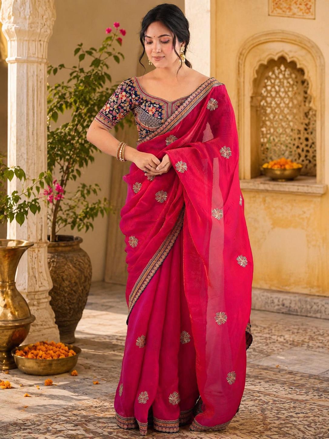 Satin Embroidery Work Saree With Unstitched Blouse(rani) image 3