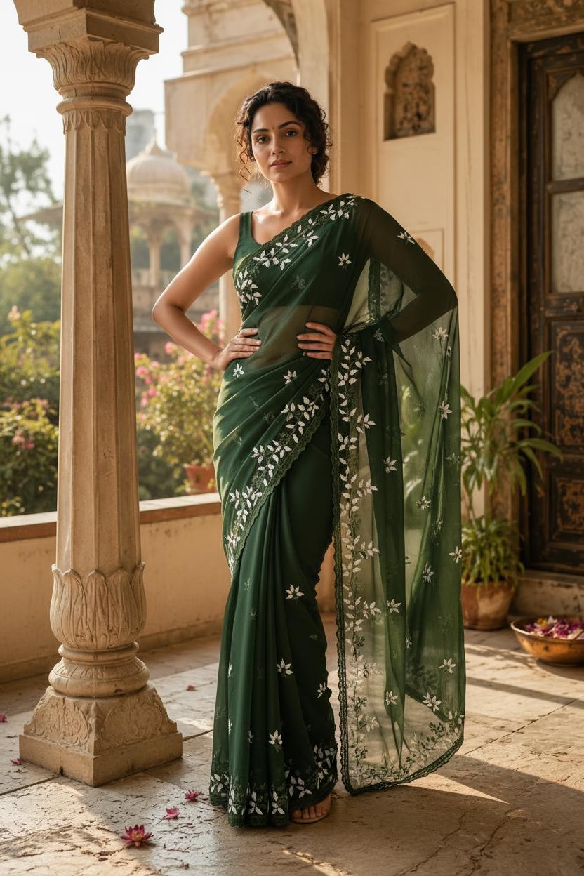 Georgette Embroidery Work Floral Print Saree With Unstitched Blouse(green) image 3