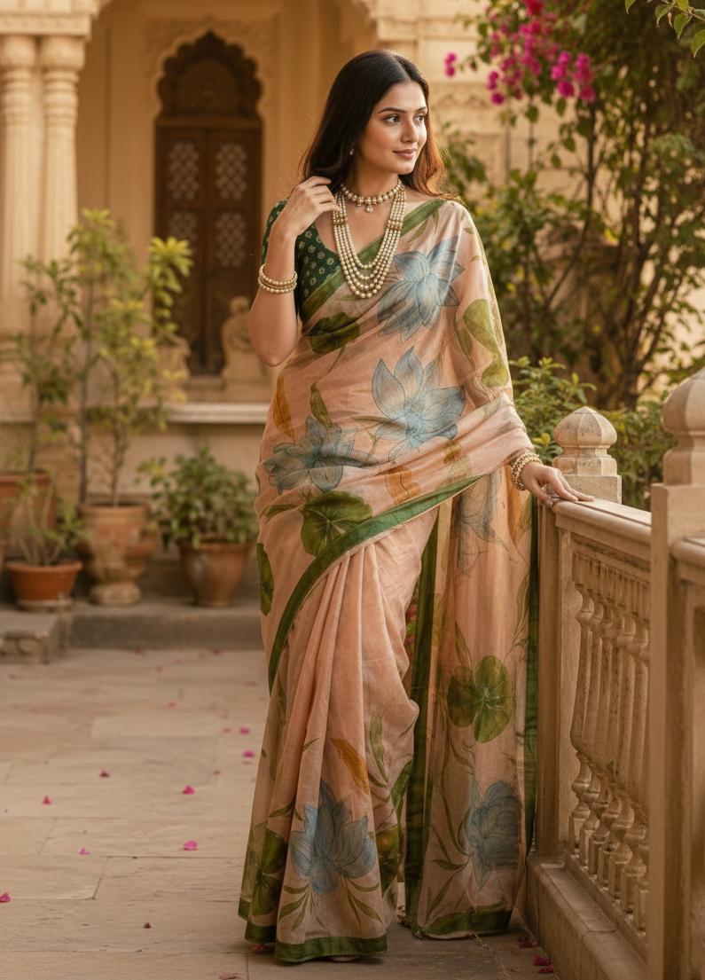 Cotton Floral Digital Print Saree With Unstitched Blouse(peach) image 3