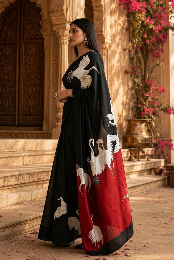 Swan Georgette Digital Print Saree Unstitched Blouse(black) image 3