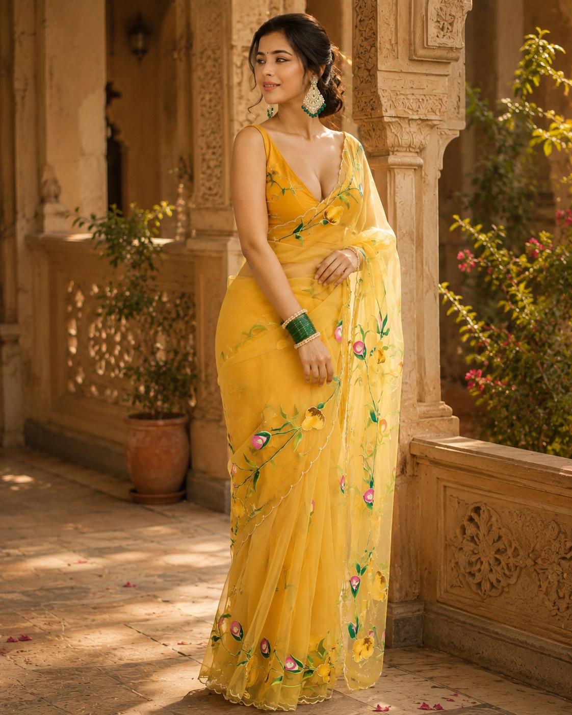 Organza Silk Ready To Wear Printed Saree With Unstitched Blouse(yellow) image 3