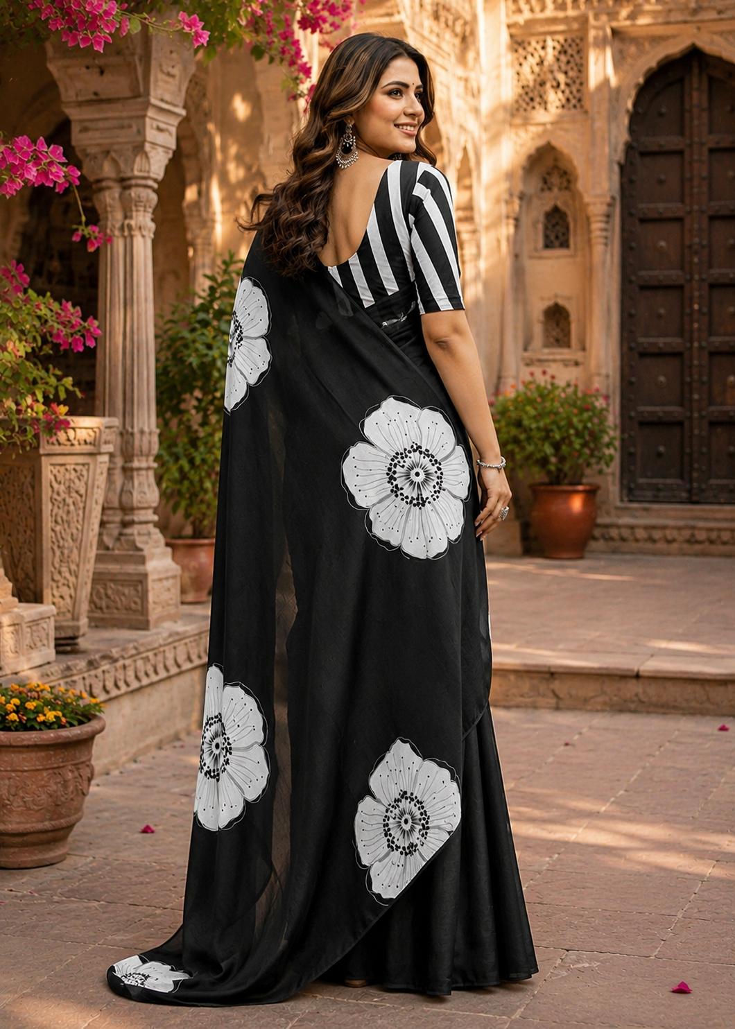 Cotton Block Flower Print Saree With Unstitched Blouse(black) image 3