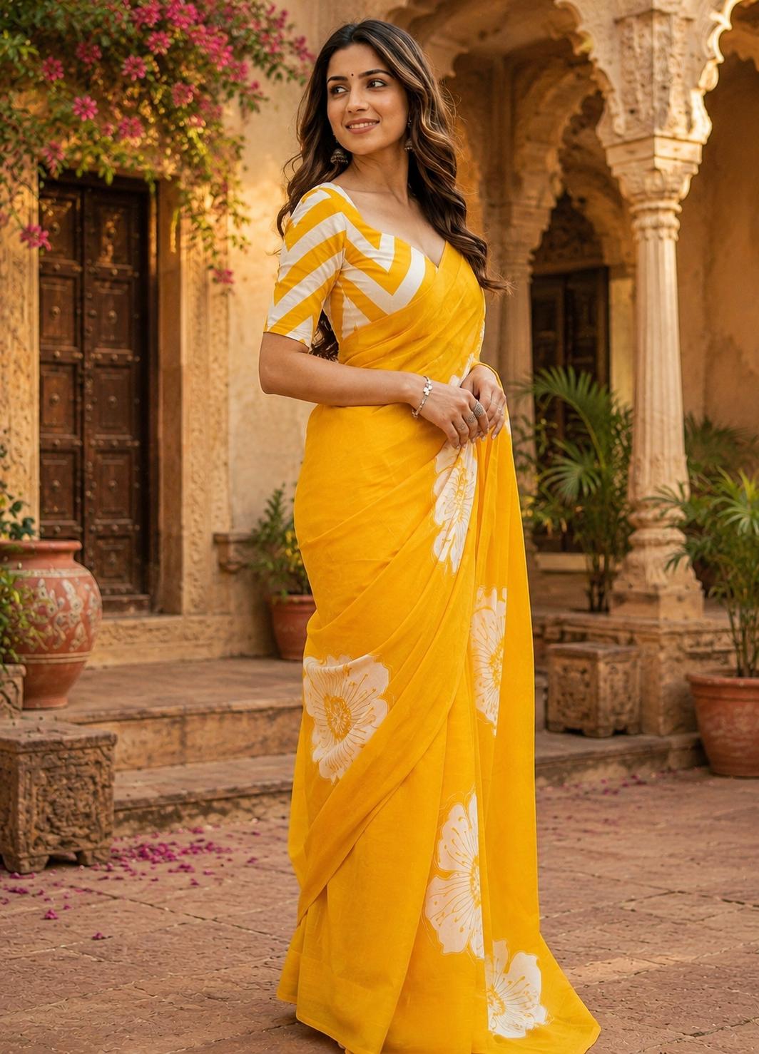 Cotton Block Flower Print Saree With Unstitched Blouse(yellow) image 3