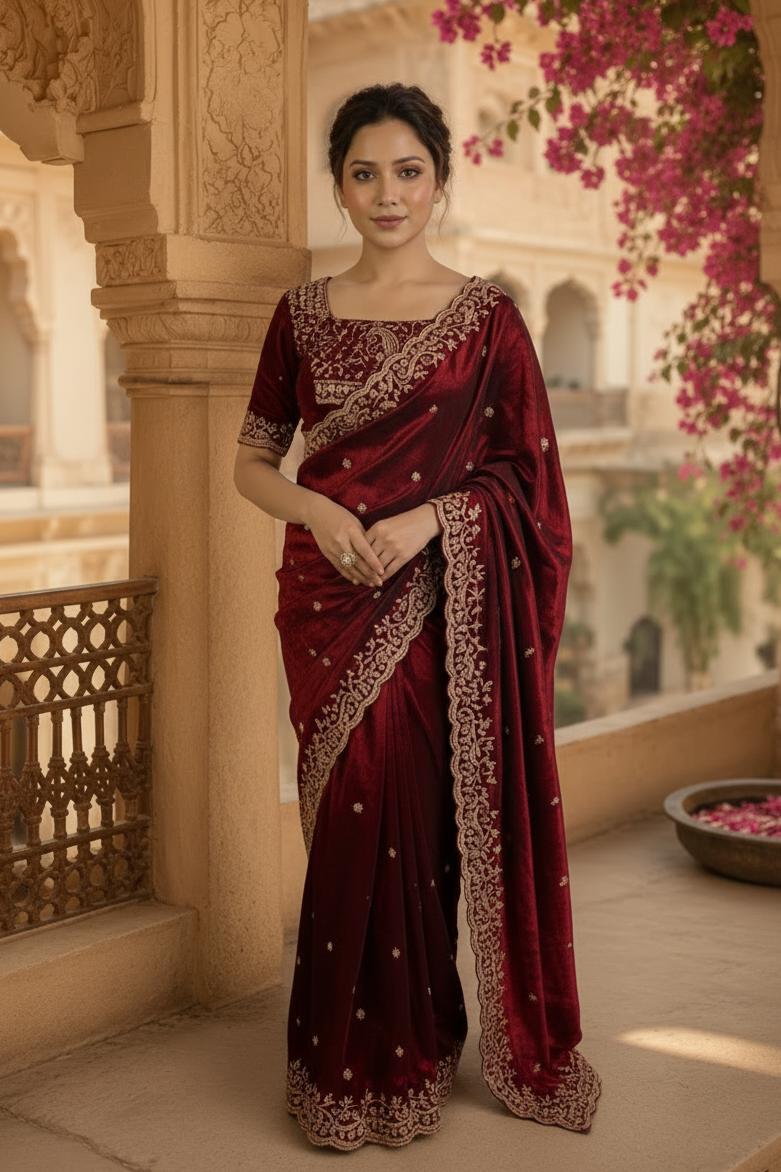 Satin Silk Embroidery Work Saree With Unstitched Blouse(wine) image 3