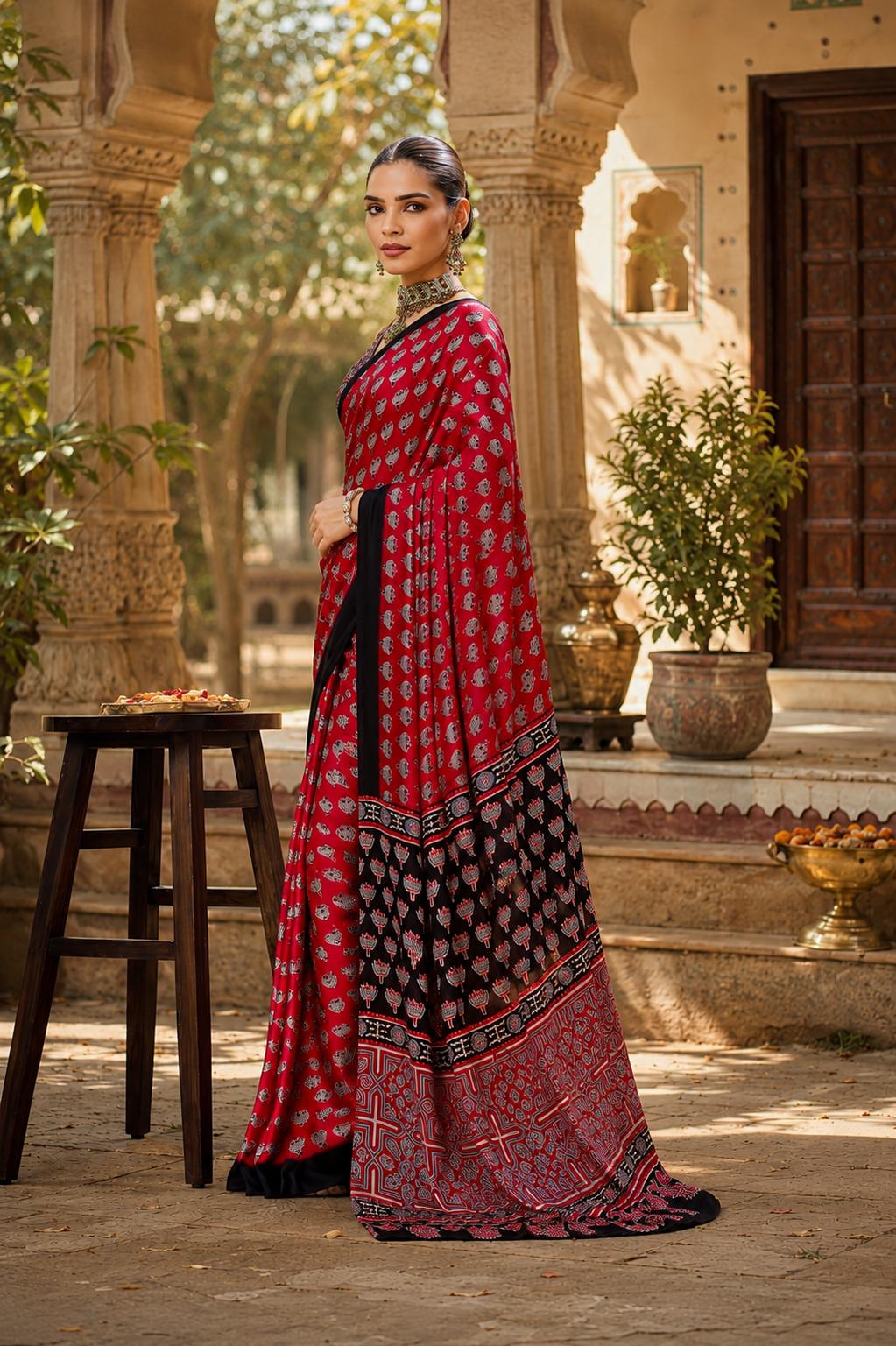 Satin Ajrakh Printed Saree With Unstitched Blouse(red) image 3