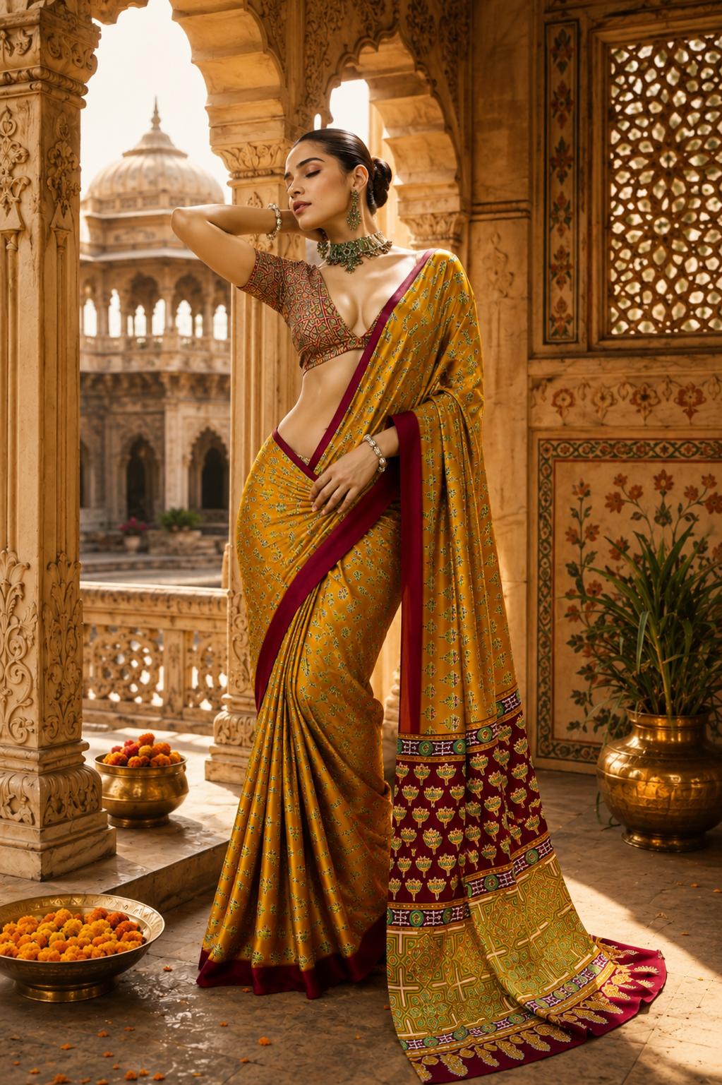 Satin Ajrakh Printed Saree With Unstitched Blouse(yellow) image 3