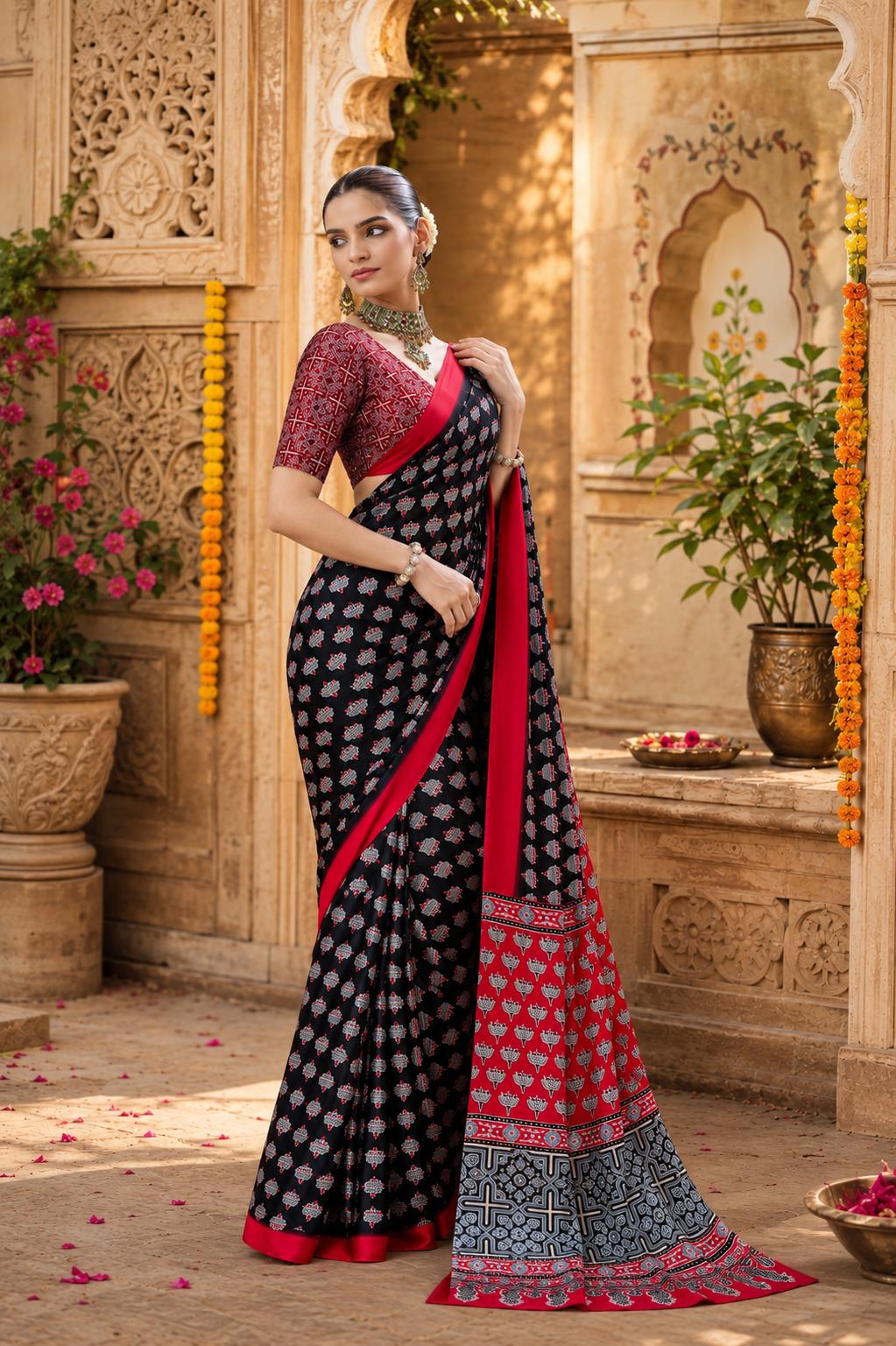 Satin Ajrakh Printed Saree With Unstitched Blouse(black) image 3