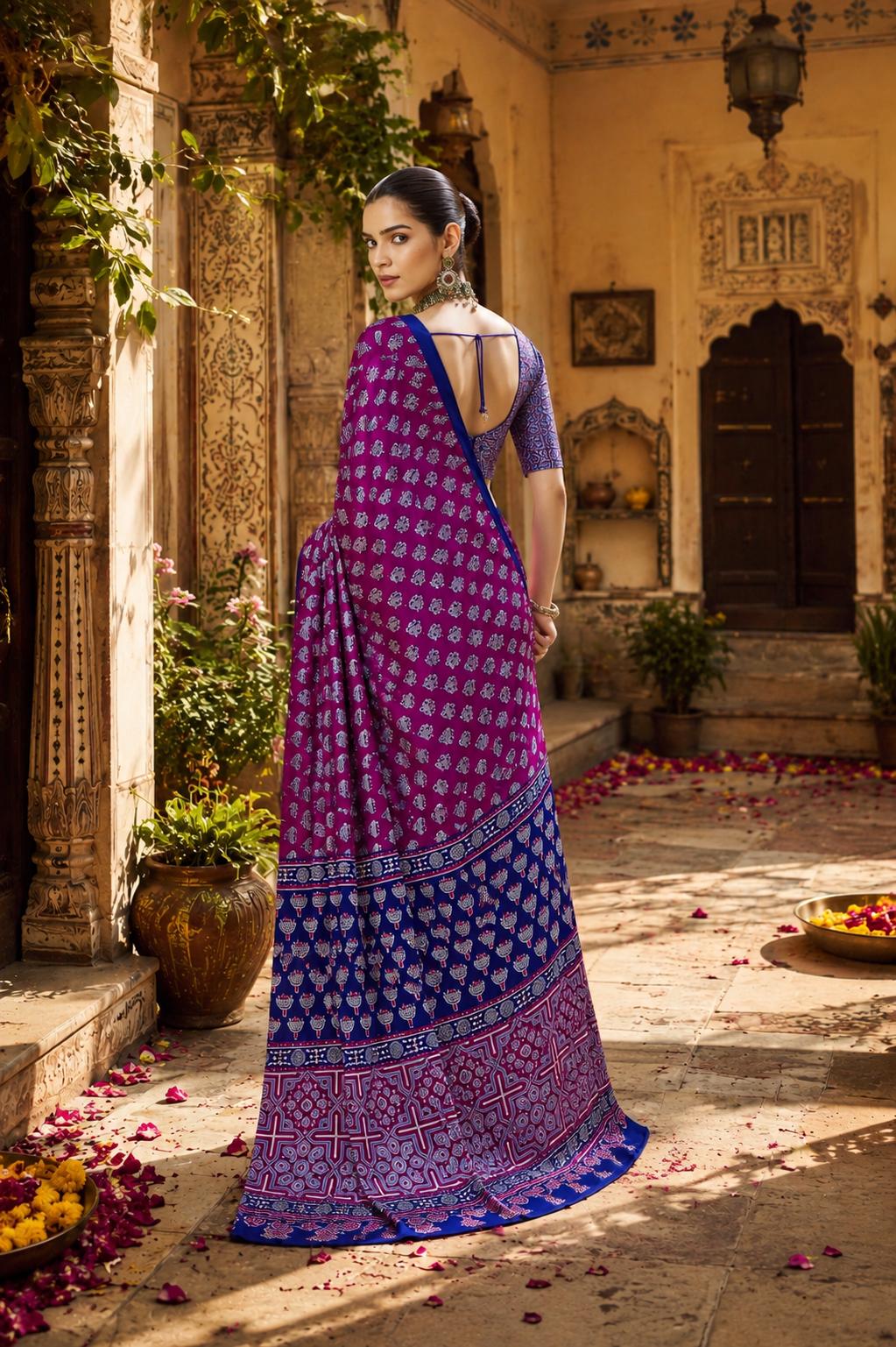 Satin Ajrakh Printed Saree With Unstitched Blouse(wine) image 3
