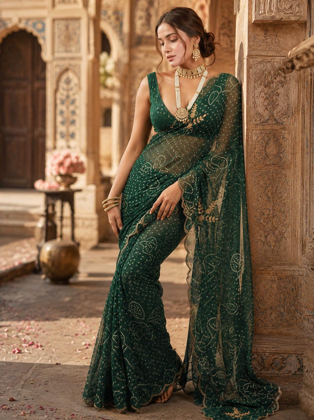 Georgette Hand Work Border Cut Saree With Unstitched Blouse(green) image 3