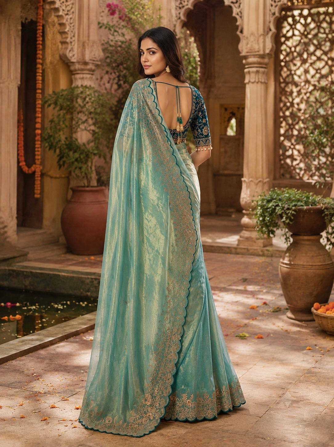 Satin Silk Embroidery Work Saree With Unstitched Blouse(blue) image 3