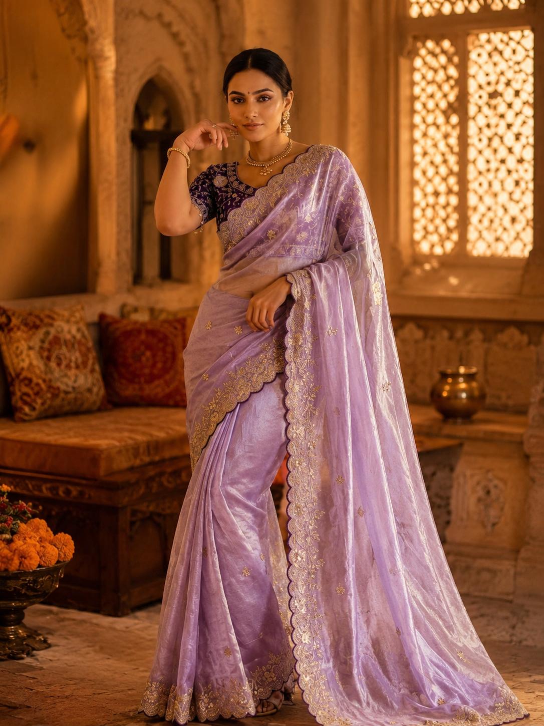 Satin Silk Embroidery Work Saree With Unstitched Blouse(violet) image 3