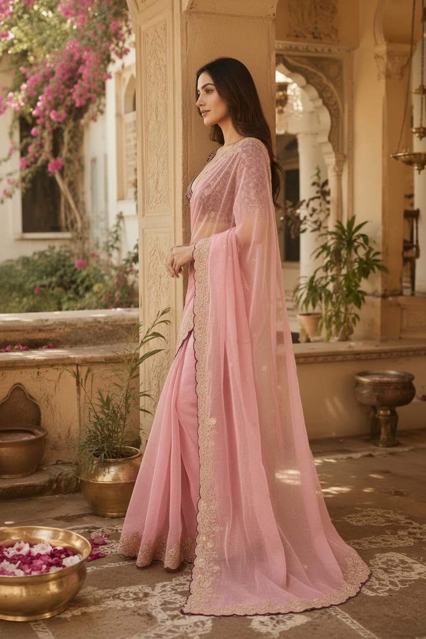 Satin Silk Embroidery Work Saree With Unstitched Blouse(pink) image 3