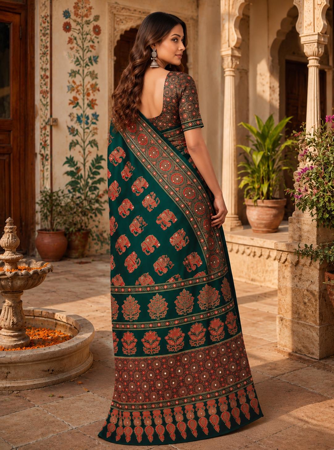 Crepe Silk Ajrakh Printed Saree With Unstitched Blouse(green) image 3