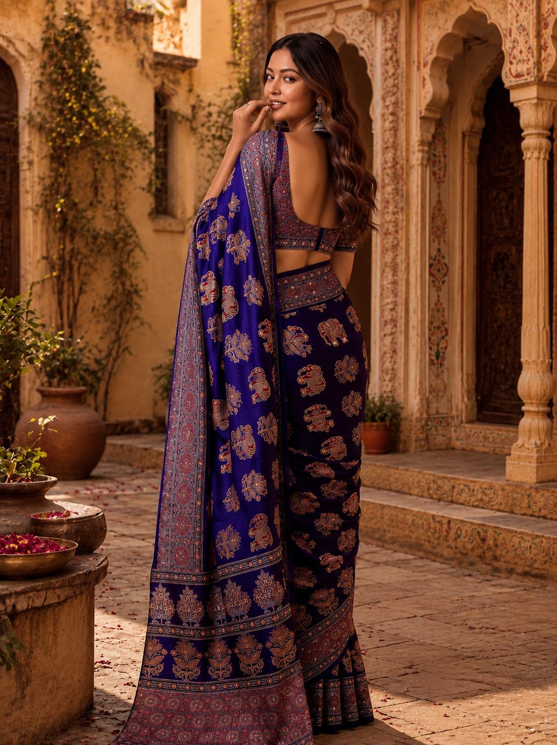 Crepe Silk Ajrakh Printed Saree With Unstitched Blouse(blue) image 3