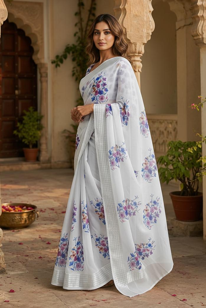 Georgette Floral Print Saree With Unstitched Blouse(white) image 3