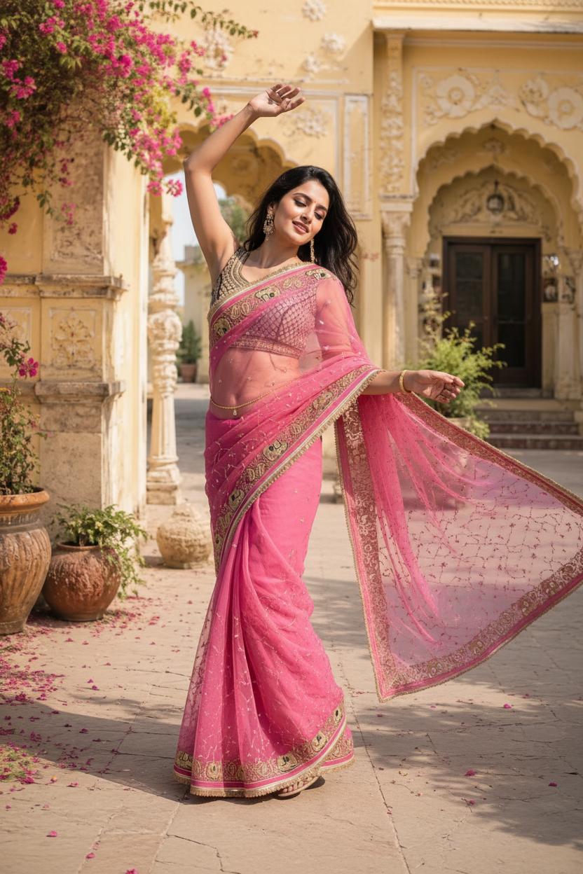 Georgette Sequins Work Saree With Unstitched Blouse(pink) image 3