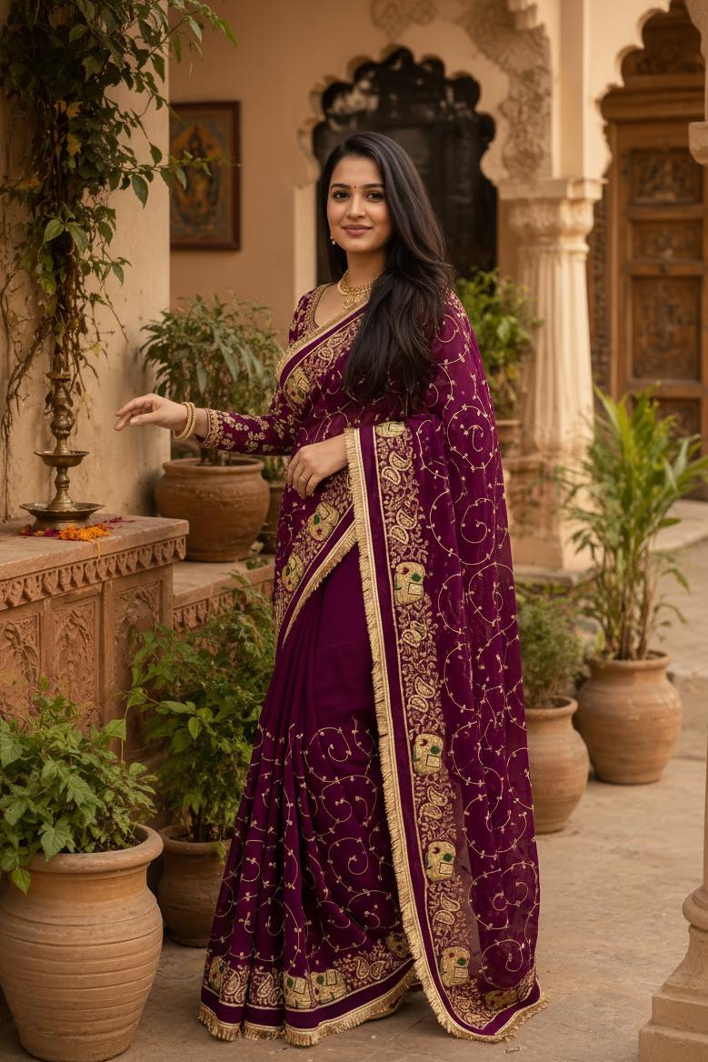 Georgette Sequins Work Saree With Unstitched Blouse(wine) image 3