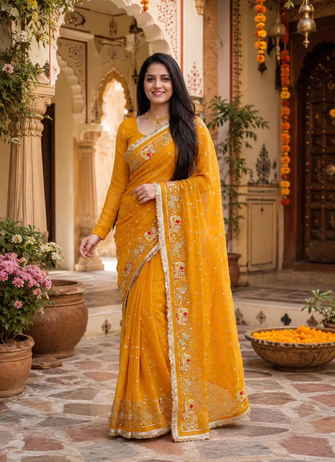 Georgette Sequins Work Saree With Unstitched Blouse(yellow) image 3