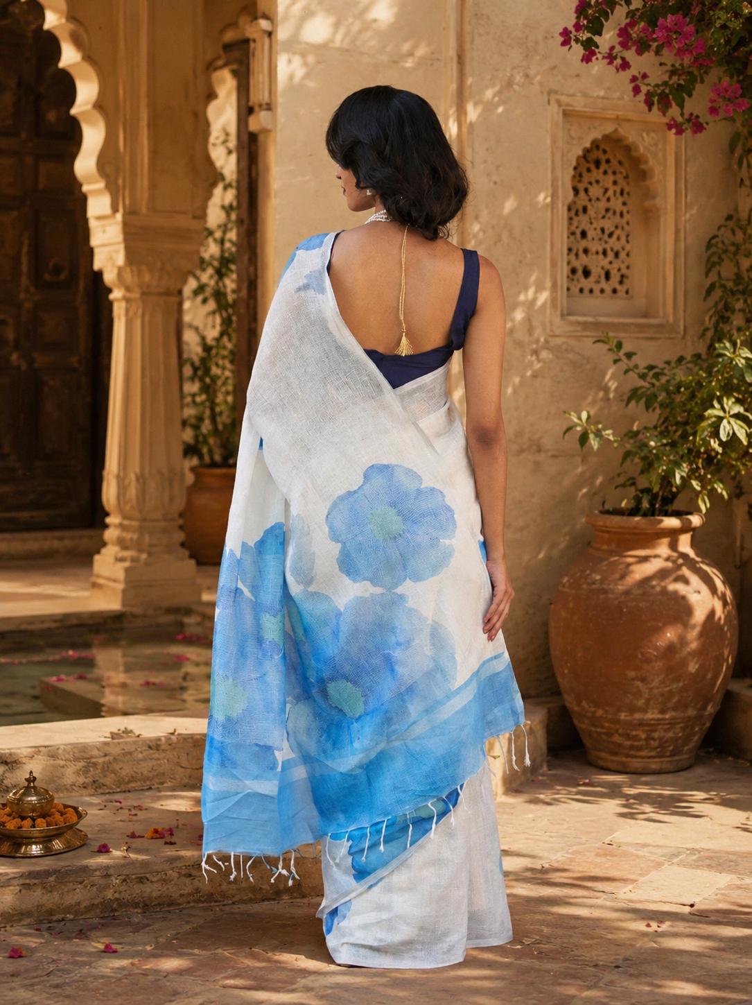 Linen Floral Printed Saree With Unstitched Blouse(blue) image 3