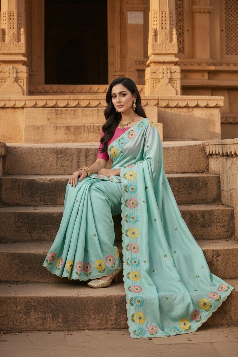 Crepe Silk Embroidery Work Zari Border Saree With Unstitched Blouse(sky Blue) image 3