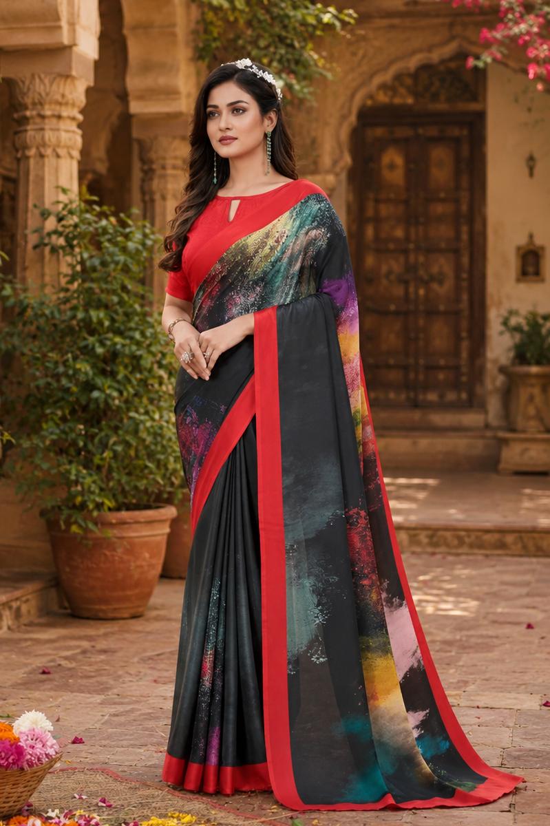 Soft Crepe Silk Digital Print Saree With Unstitched Blouse(black) image 3