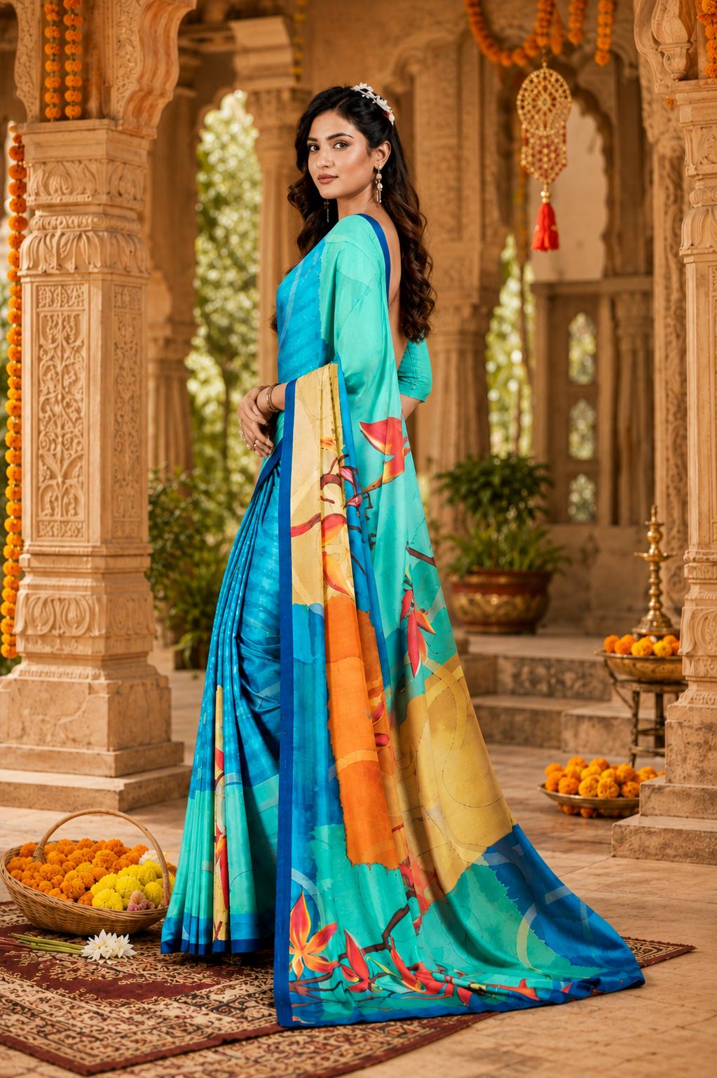 Soft Crepe Silk Digital Print Saree With Unstitched Blouse(blue) image 3