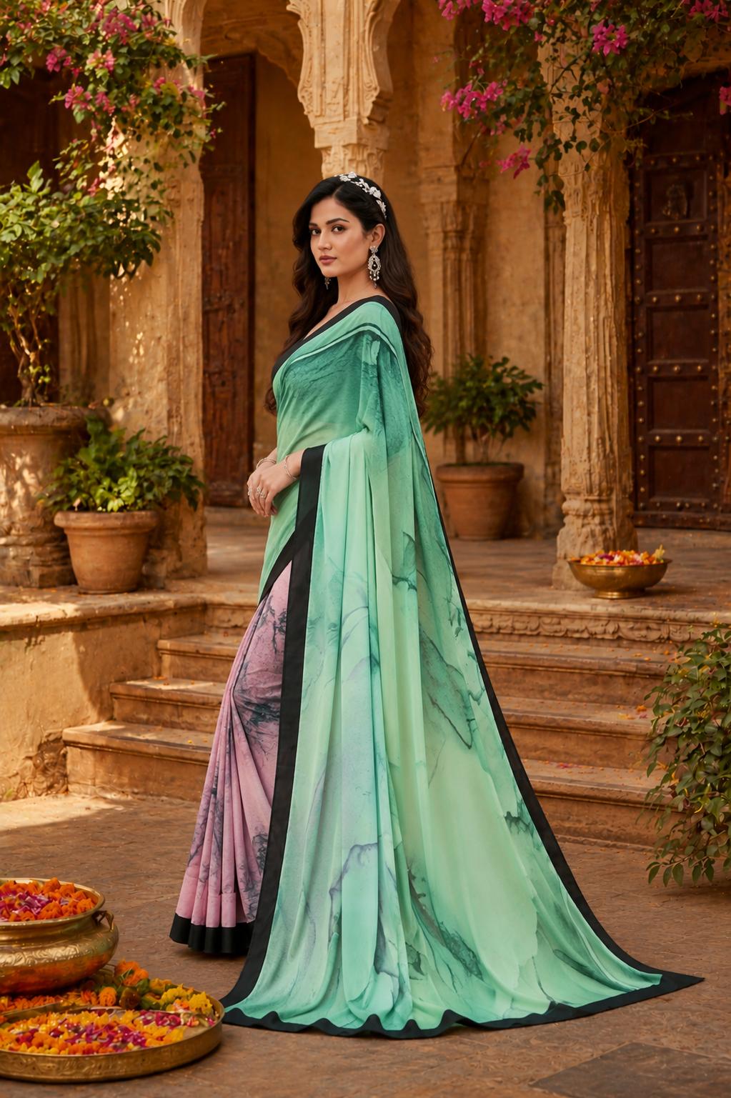 Soft Crepe Silk Digital Print Saree With Unstitched Blouse(sea Green) image 3