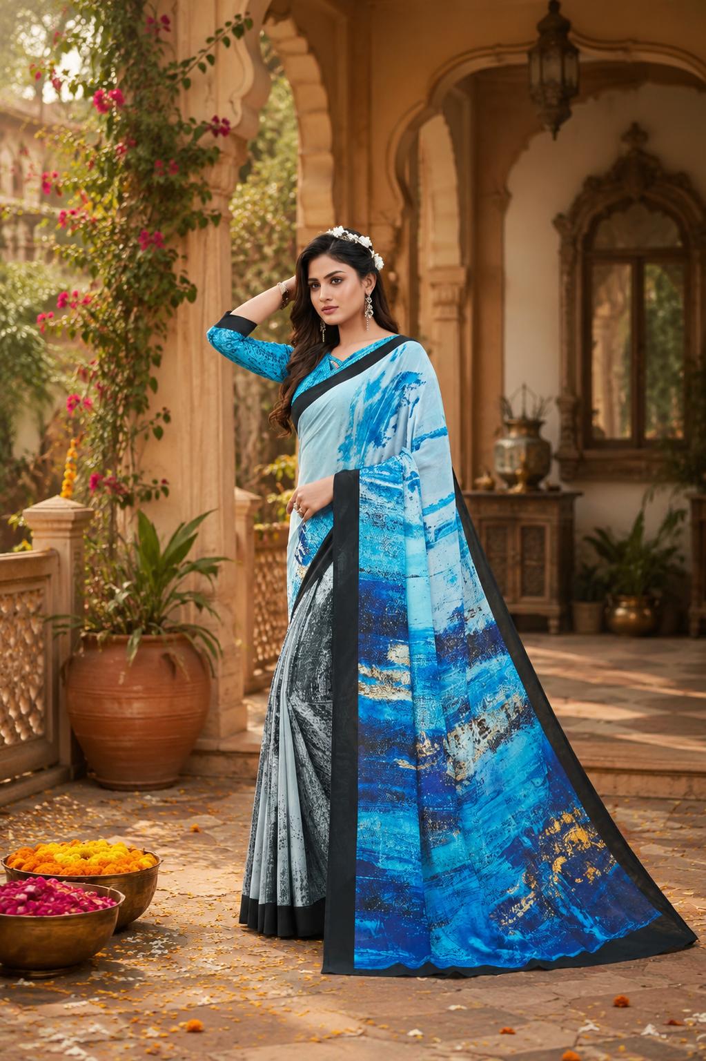 Soft Crepe Silk Digital Print Saree With Unstitched Blouse(sky Blue) image 3