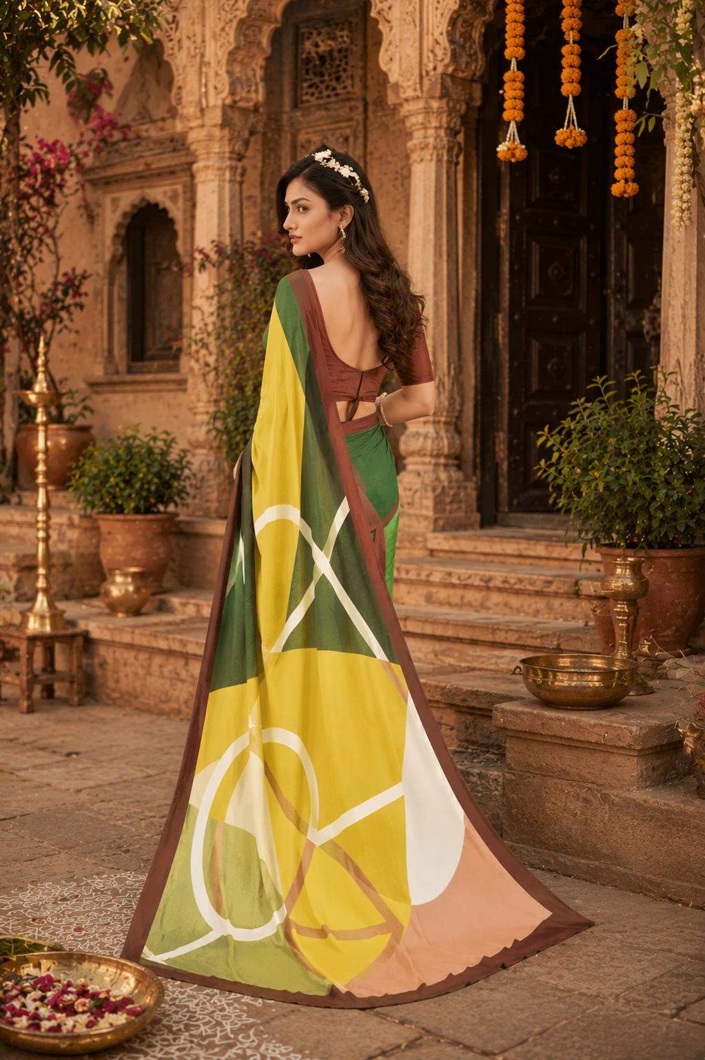 Soft Crepe Silk Digital Print Saree With Unstitched Blouse(green) image 3