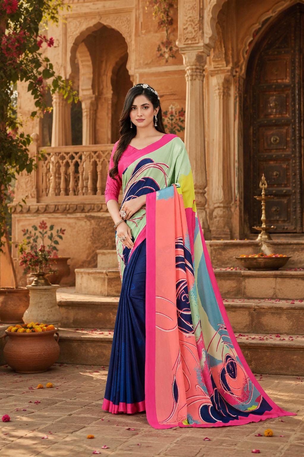Soft Crepe Silk Digital Print Saree With Unstitched Blouse(pink) image 3