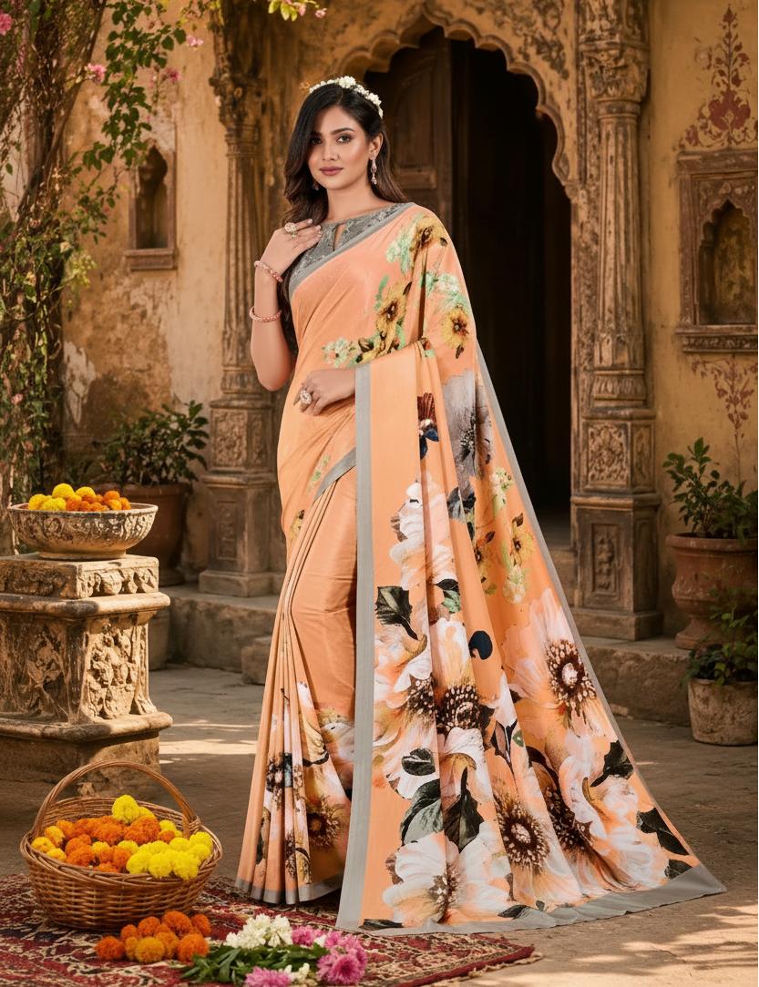 Soft Crepe Silk Digital Print Saree With Unstitched Blouse(peach) image 3