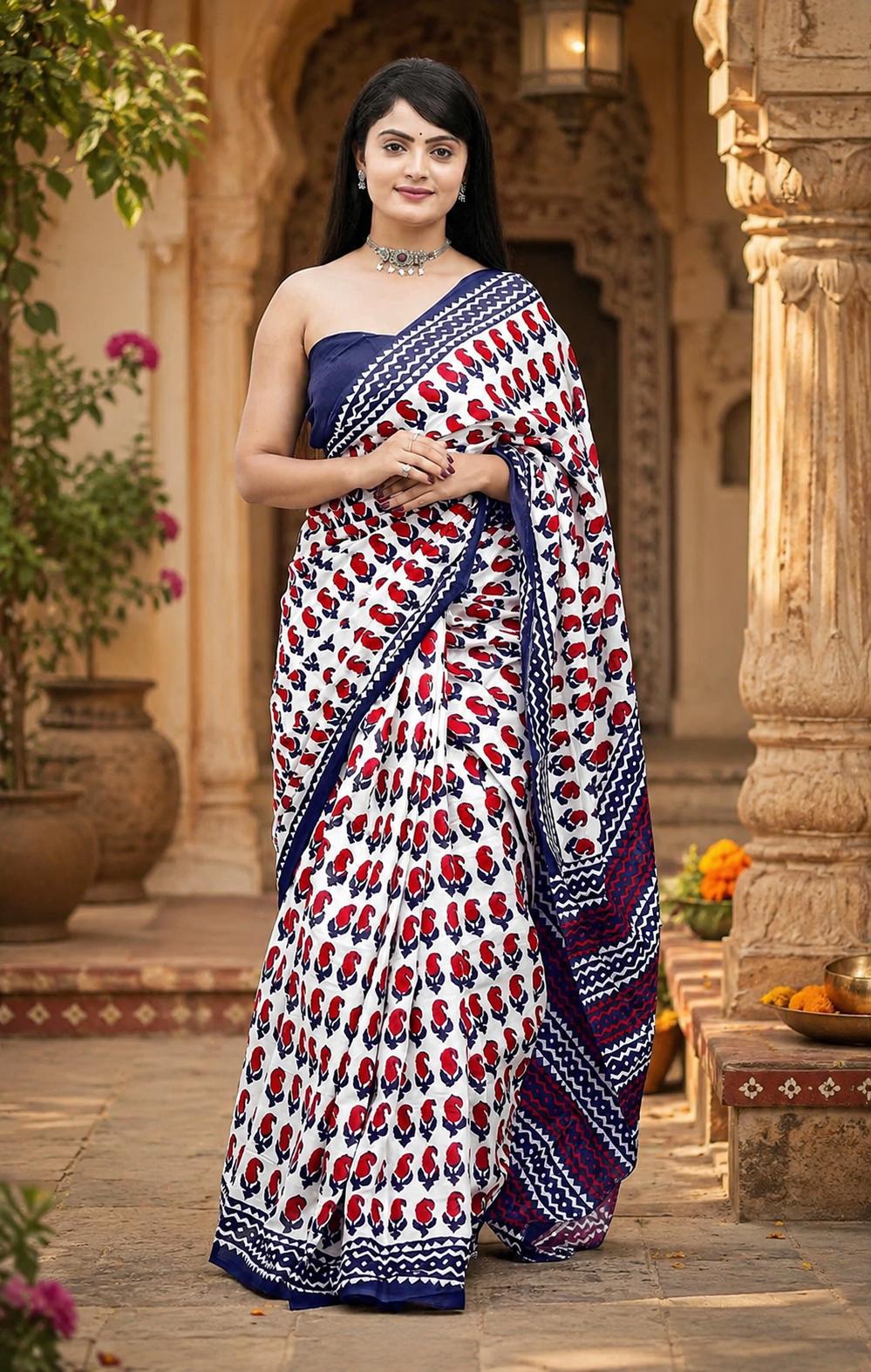 Mulmul Cotton Bagru Block Printed Saree With Unstitched Blouse(red) image 3
