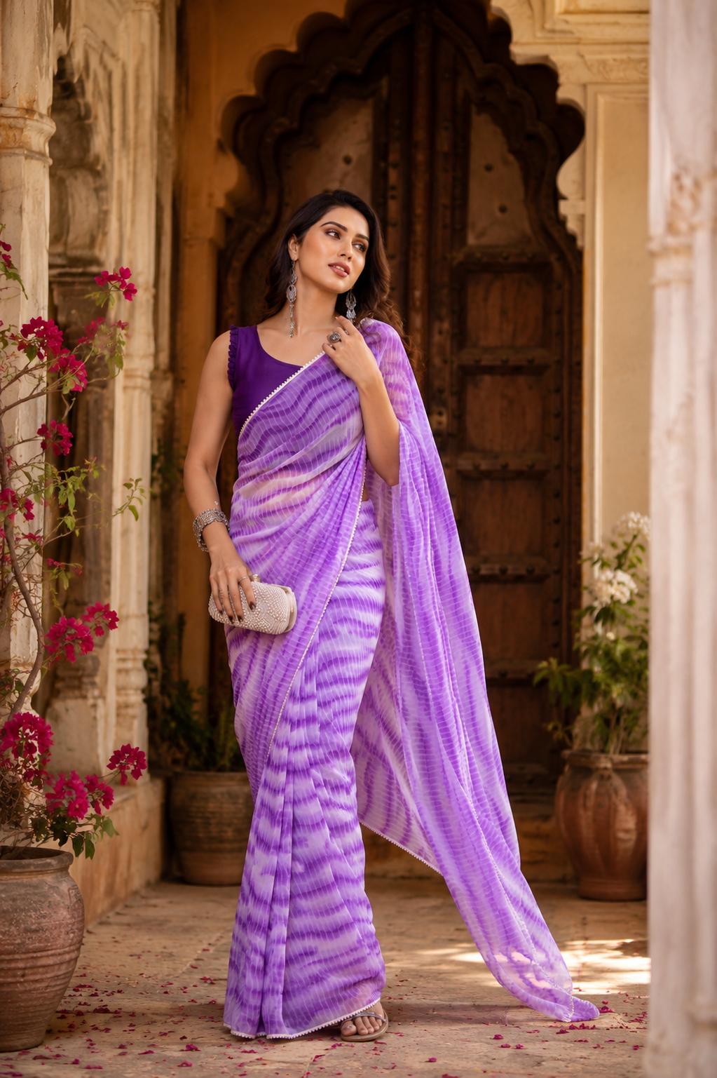 Georgette Printed Ready To Wear Sarees With Unstitched Blouse(violet) image 3