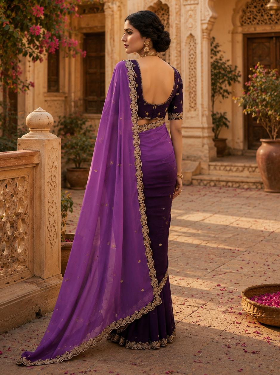 Georgette Border Work Saree With Unstitched Blouse(lavender) image 3
