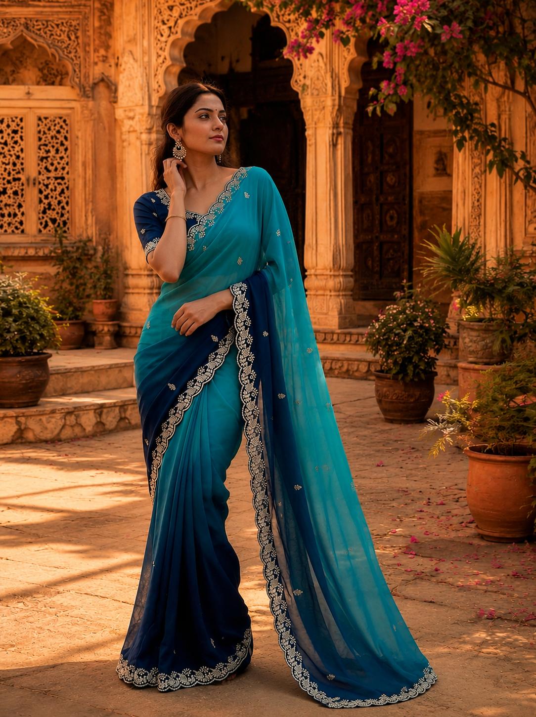 Georgette Border Work Saree With Unstitched Blouse(blue) image 3