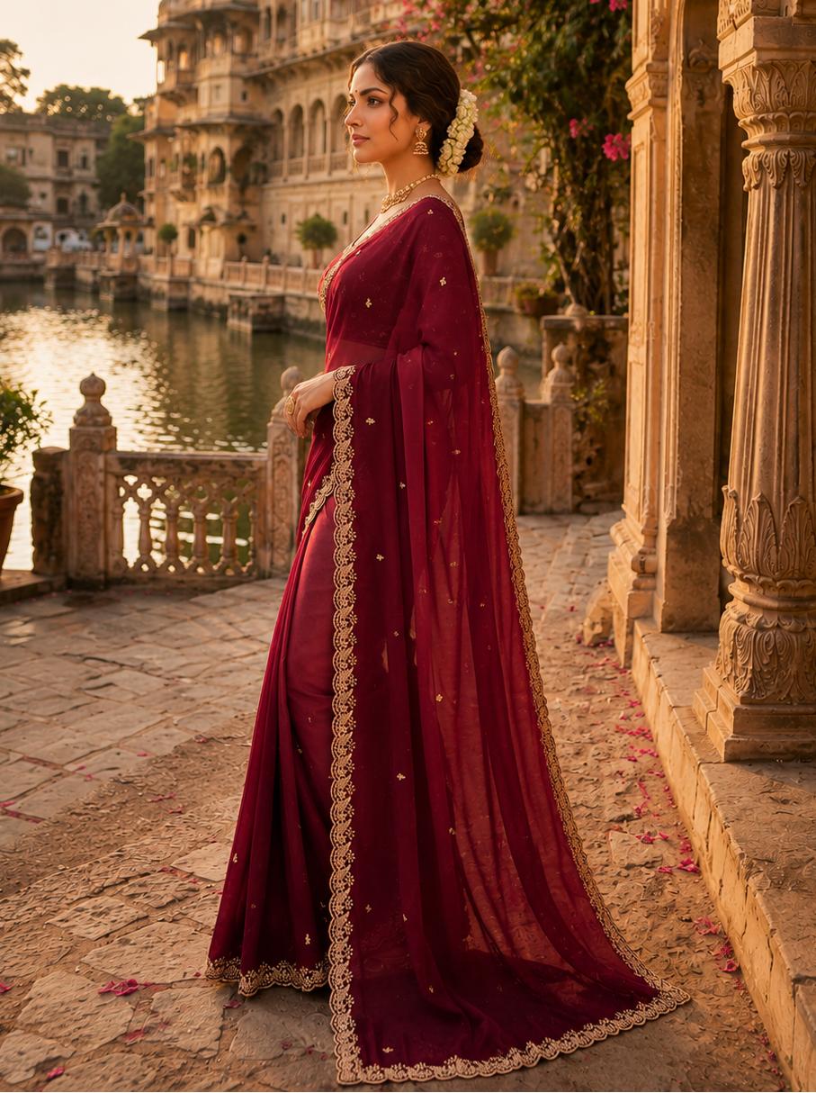 Georgette Border Work Saree With Unstitched Blouse(red) image 3