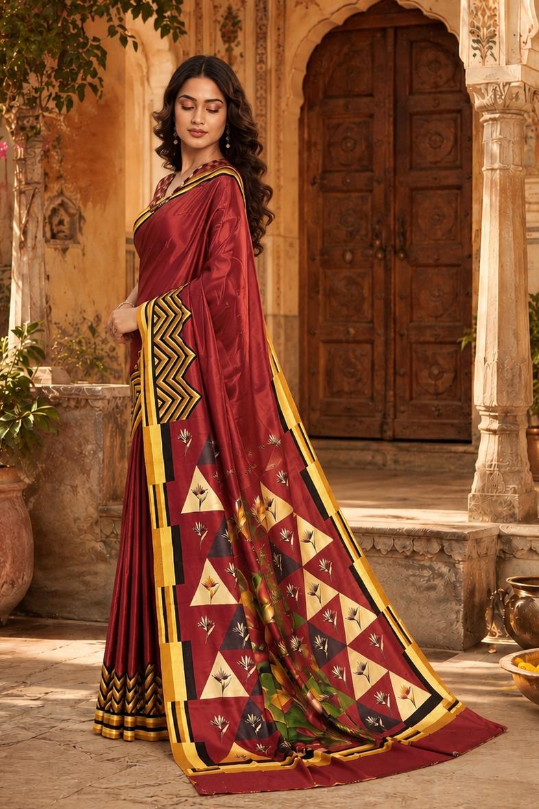 Premium Crepe Silk Digital Floral Print Saree With Unstitched Blouse(red) image 3