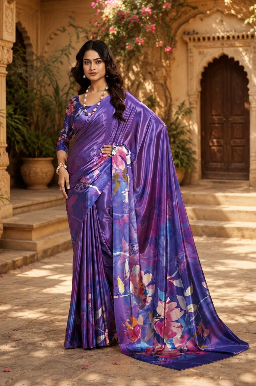 Premium Crepe Silk Digital Floral Print Saree With Unstitched Blouse(violet) image 3