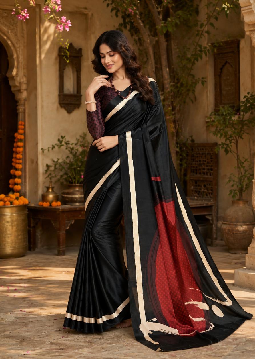 Premium Crepe Silk Digital Floral Print Saree With Unstitched Blouse(black) image 3