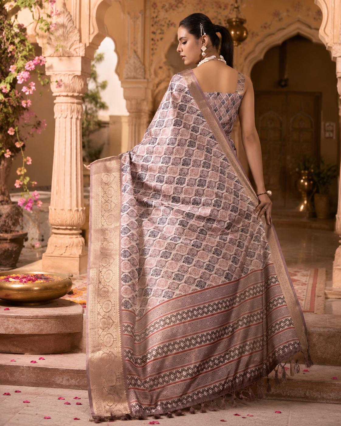 Litchi Silk Golden Zari Border Saree With Unstitched Blouse(beige) image 3