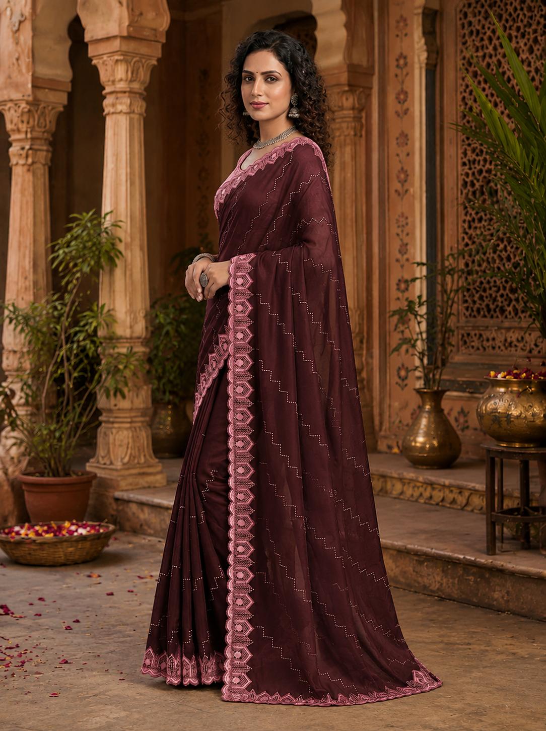Organza Silk Saree With Unstitched Blouse(tyrian Purple) image 3