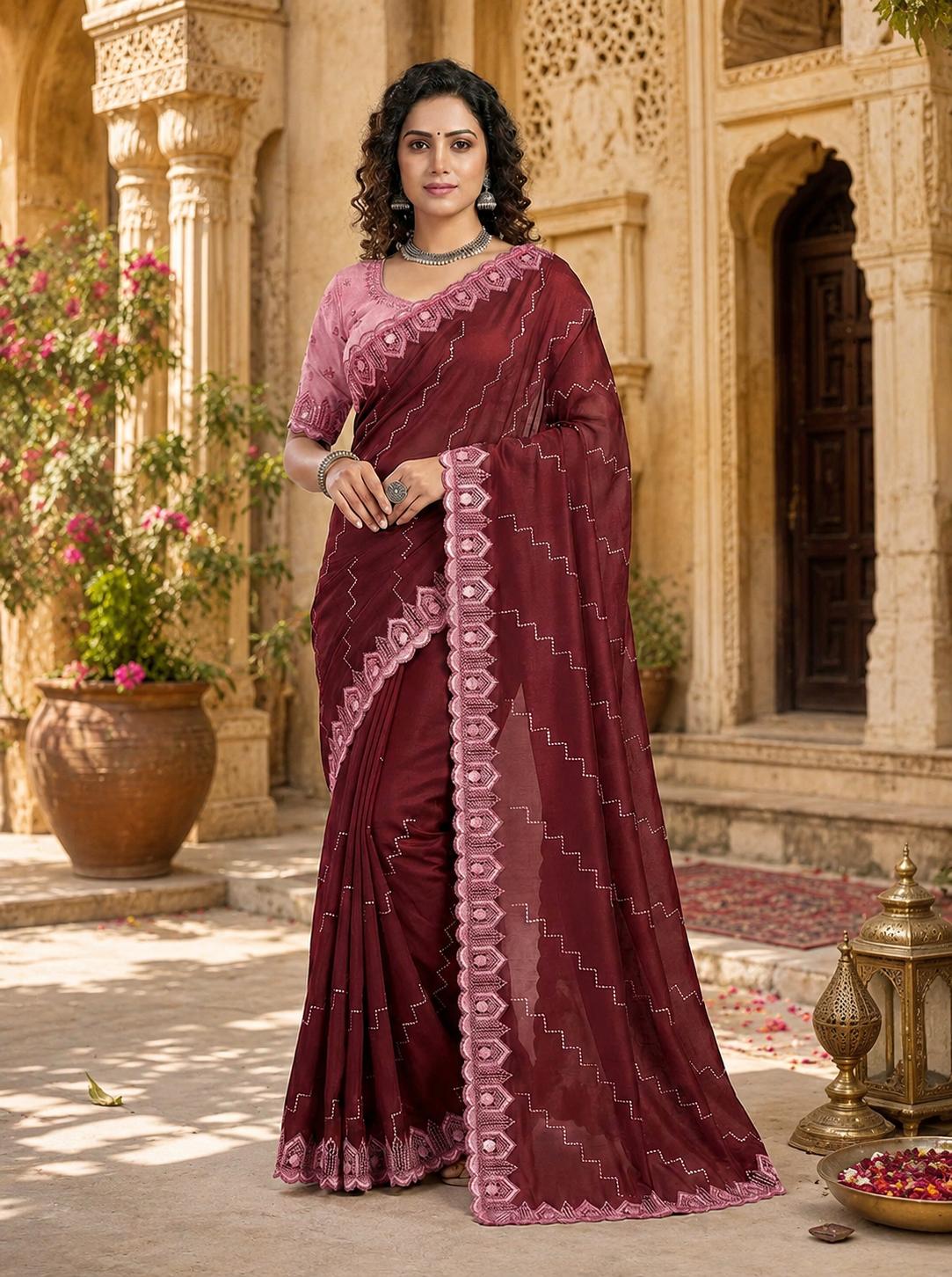Organza Silk Saree With Unstitched Blouse(maroon) image 3