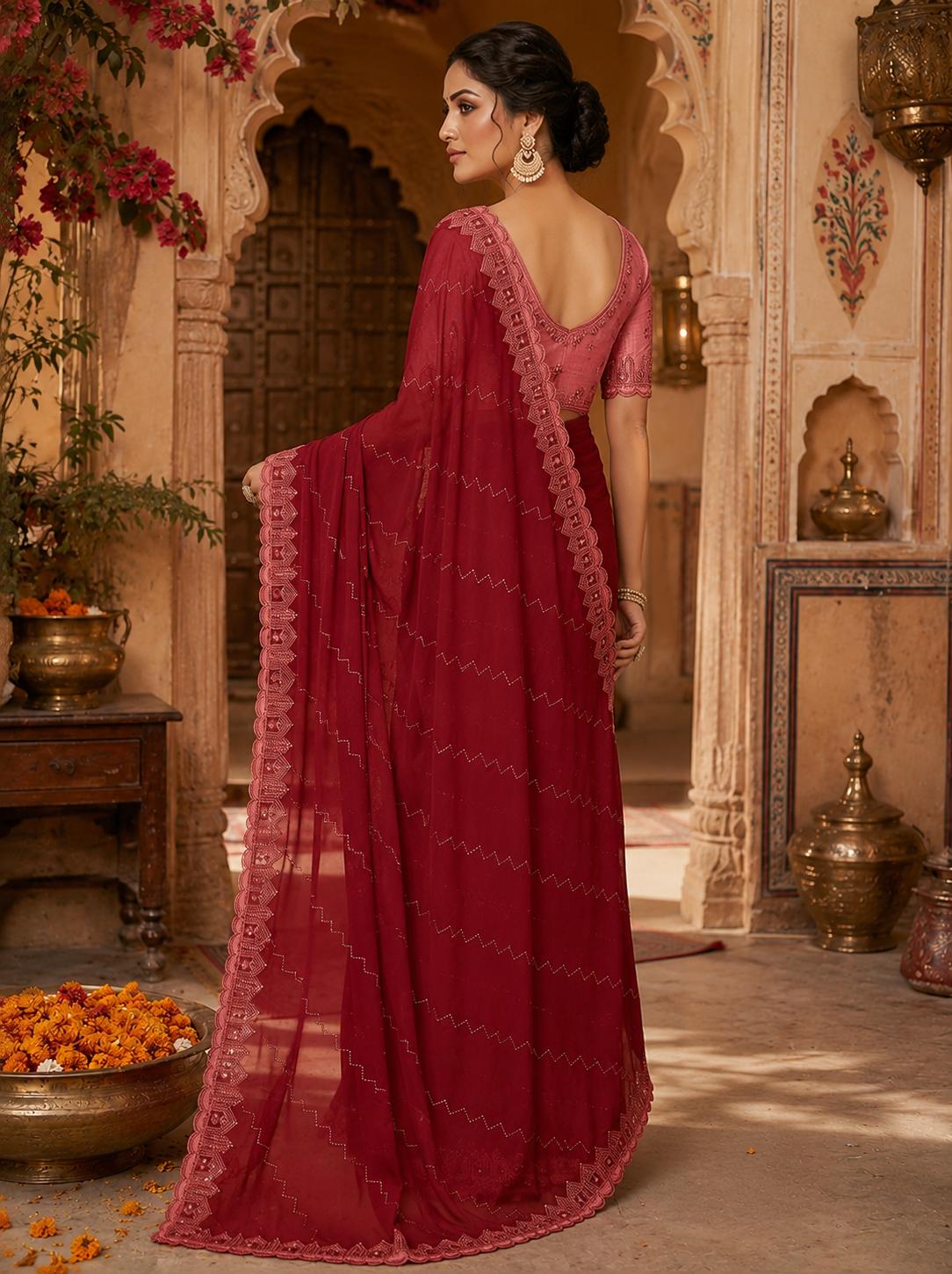 Organza Silk Saree With Unstitched Blouse(red) image 3