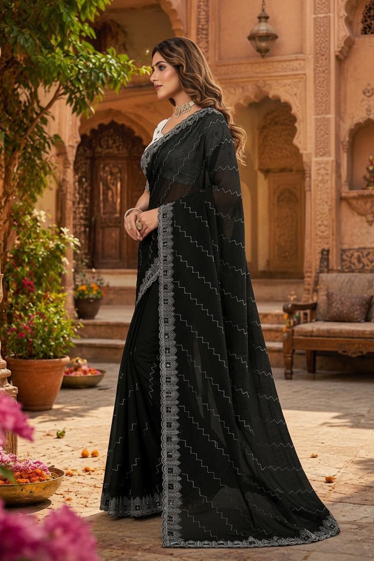 Organza Silk Saree With Unstitched Blouse(black) image 3